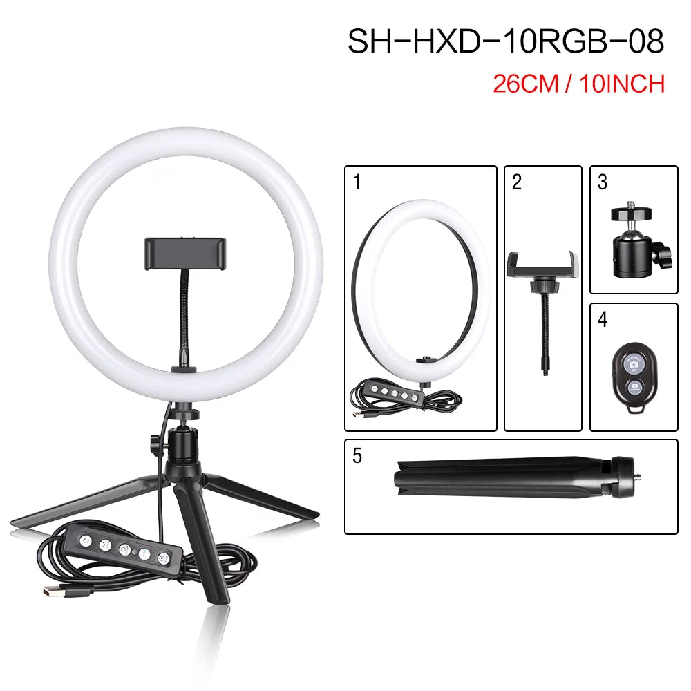 RGB LED Ring Light with Tripod & Phone Holder - 15 Colors