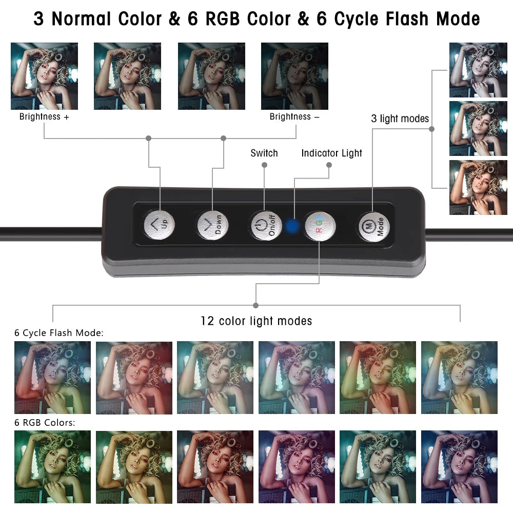 RGB LED Ring Light with Tripod & Phone Holder - 15 Colors