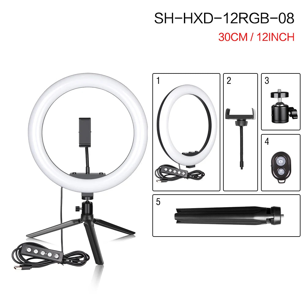 RGB LED Ring Light with Tripod & Phone Holder - 15 Colors