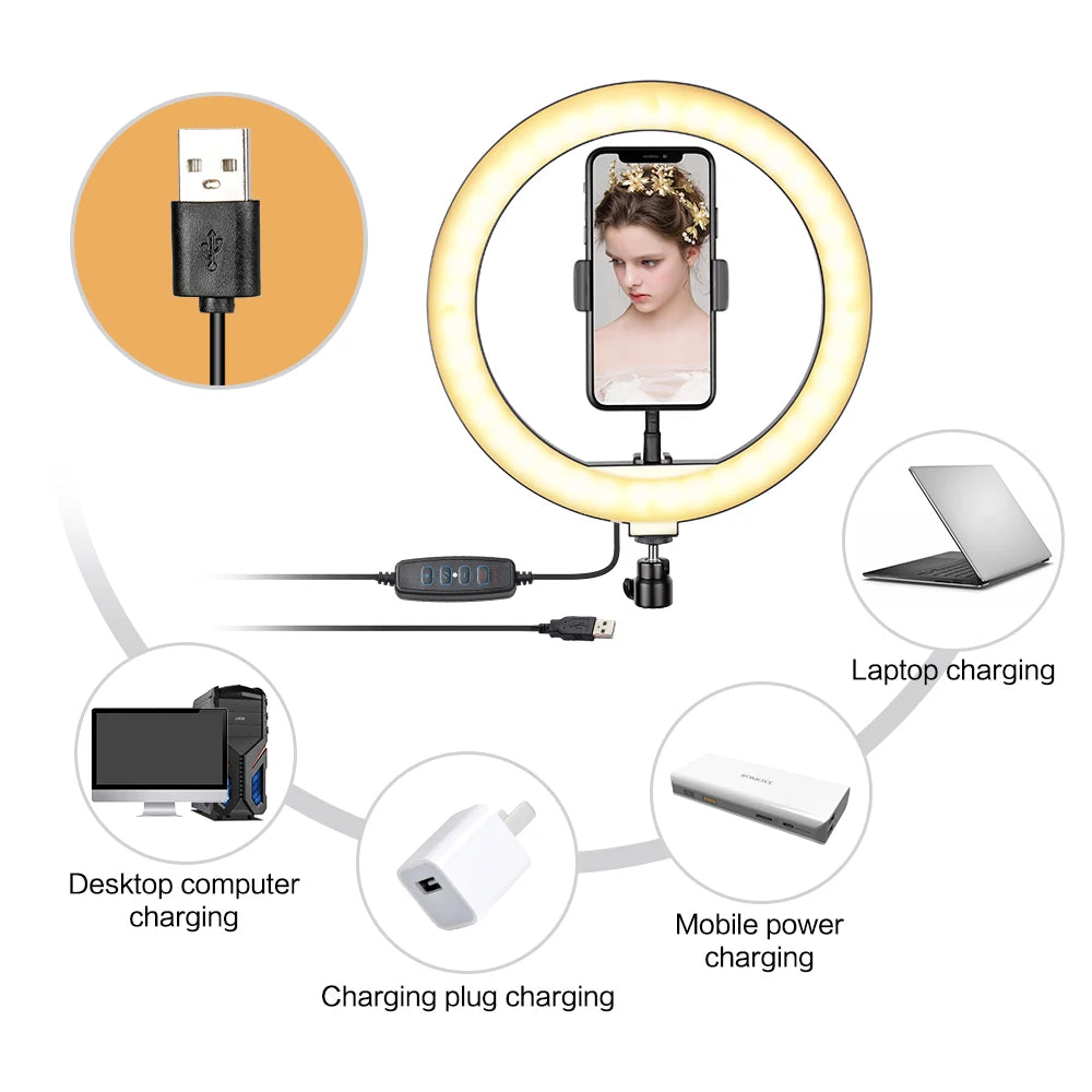 RGB LED Ring Light with Tripod & Phone Holder - 15 Colors