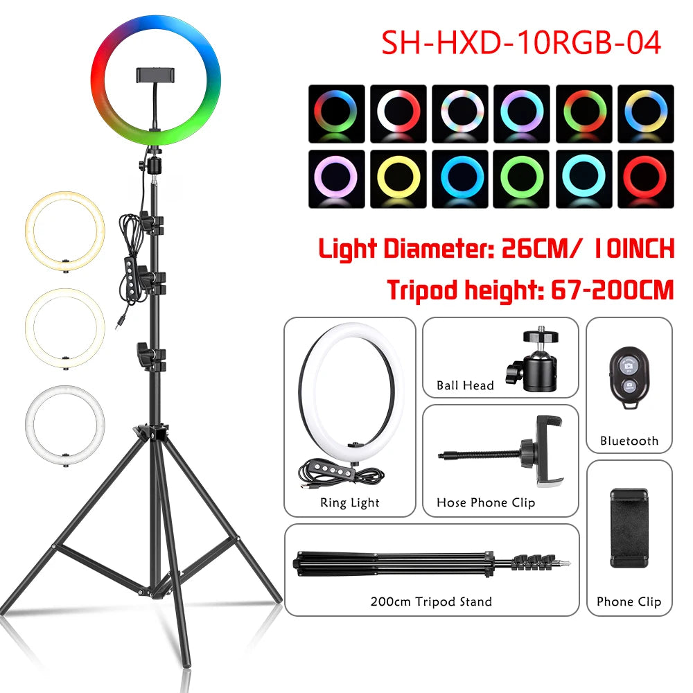 RGB LED Ring Light with Tripod & Phone Holder - 15 Colors