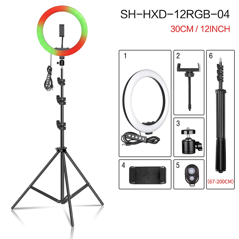 RGB LED Ring Light with Tripod & Phone Holder - 15 Colors