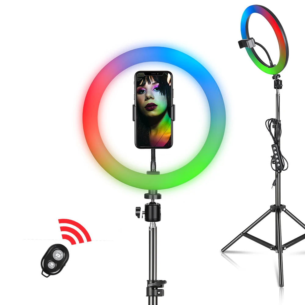 RGB LED Ring Light with Tripod & Phone Holder - 15 Colors