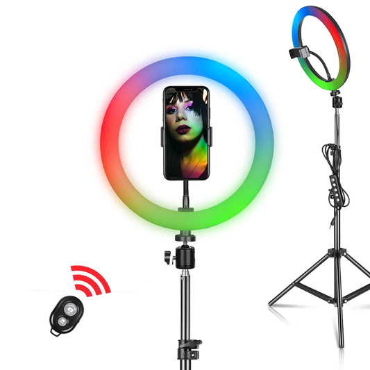 RGB LED Ring Light with Tripod & Phone Holder - 15 Colors