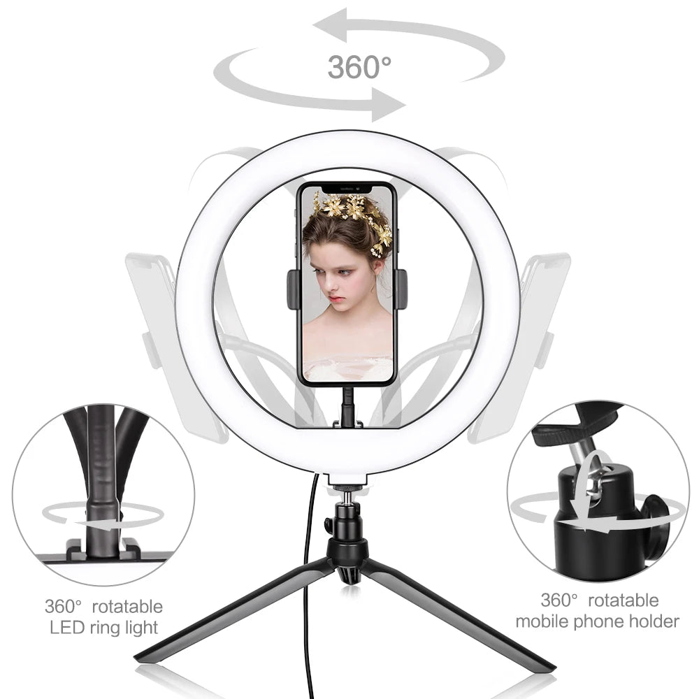 RGB LED Ring Light with Tripod & Phone Holder - 15 Colors