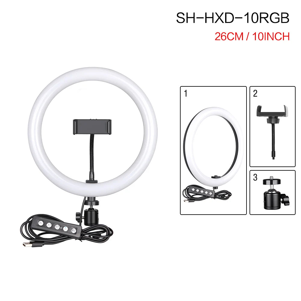RGB LED Ring Light with Tripod & Phone Holder - 15 Colors