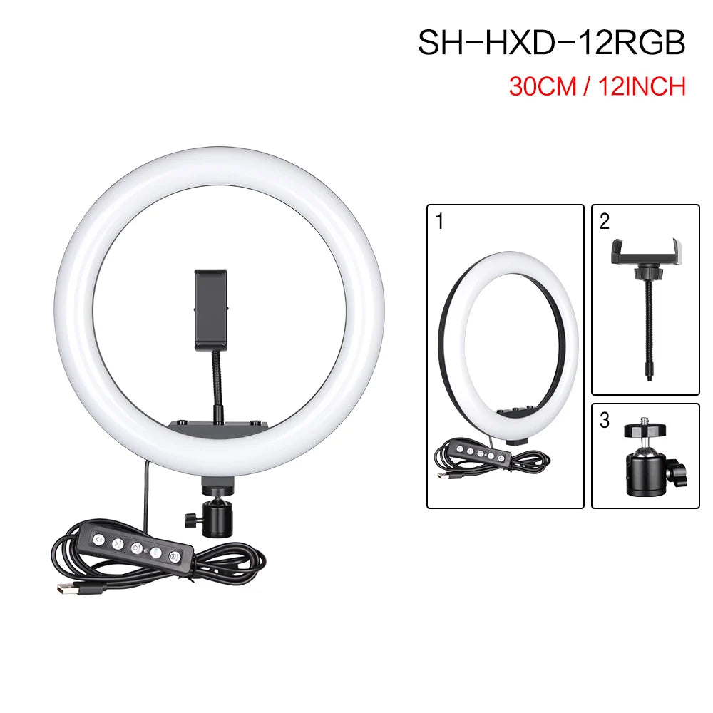 RGB LED Ring Light with Tripod & Phone Holder - 15 Colors