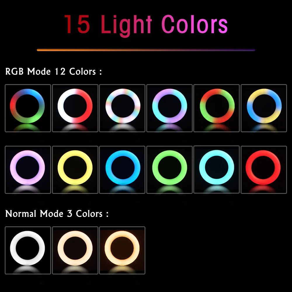 RGB LED Ring Light with Tripod & Phone Holder - 15 Colors