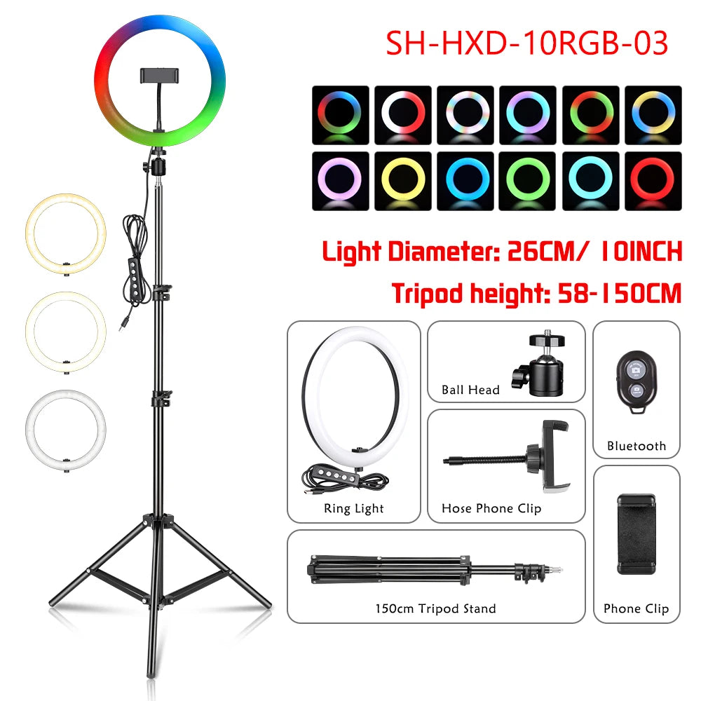 RGB LED Ring Light with Tripod & Phone Holder - 15 Colors