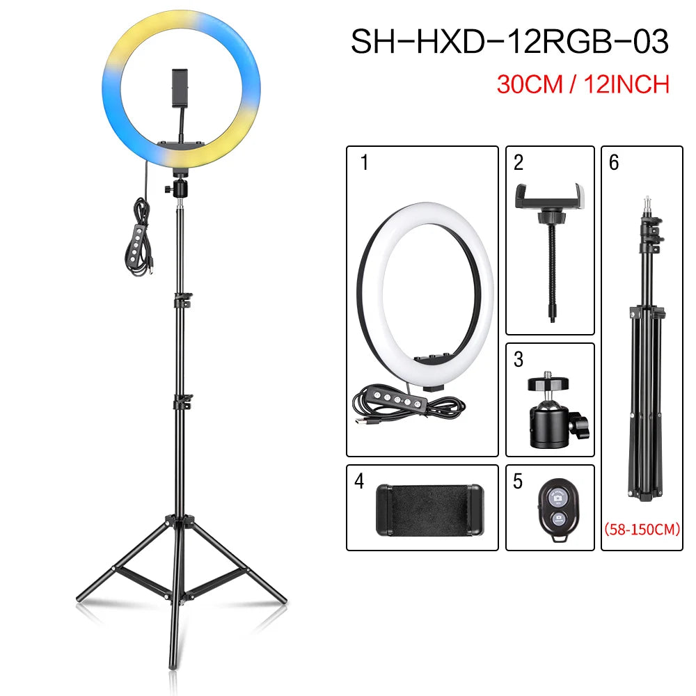 RGB LED Ring Light with Tripod & Phone Holder - 15 Colors