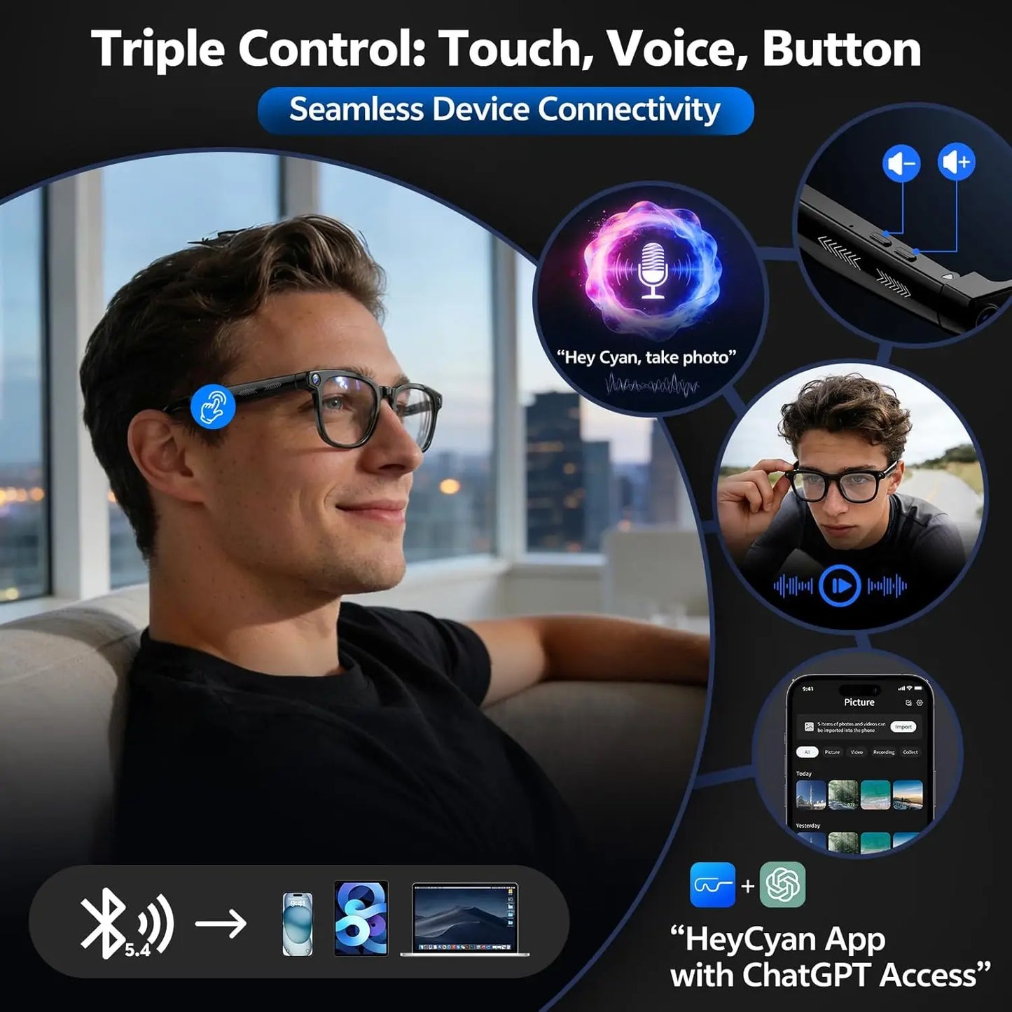 Smart Glasses with Camera 8MP HD Photo and Video Recording AI Glasses with Real-Time Translation AI Voice Q&A Calls and Music