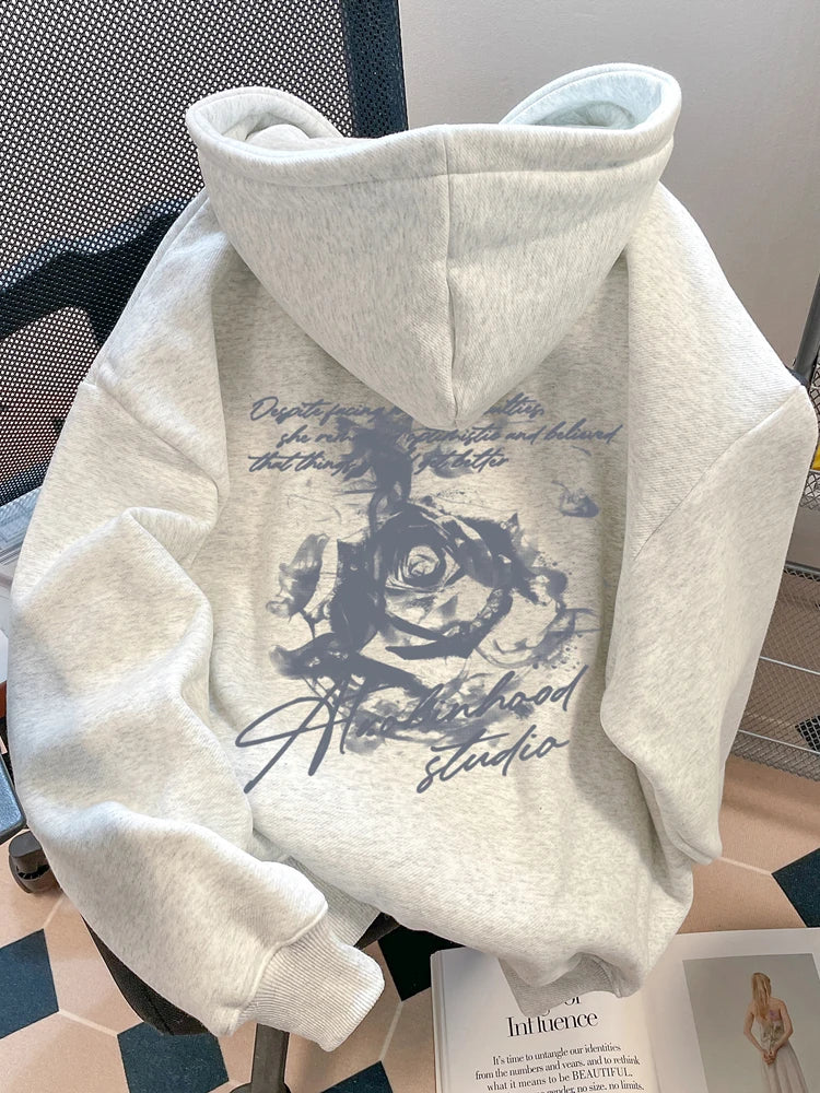 Rose print graphic hoodie for men and women
