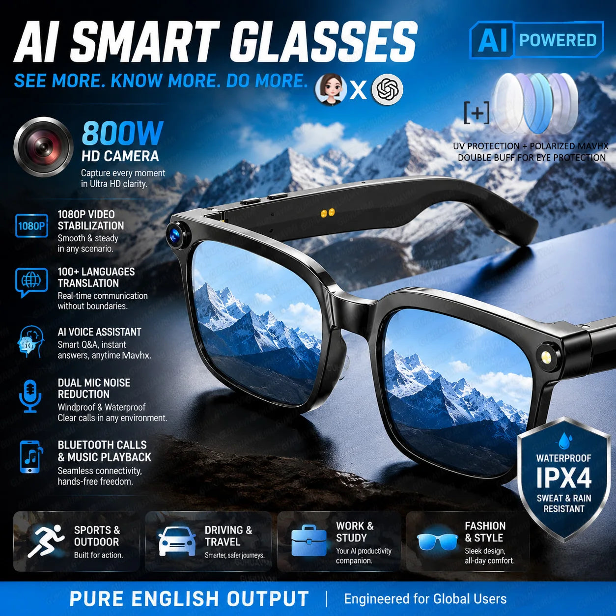 Smart Glasses with Camera 8MP HD Photo and Video Recording AI Glasses with Real-Time Translation AI Voice Q&A Calls and Music