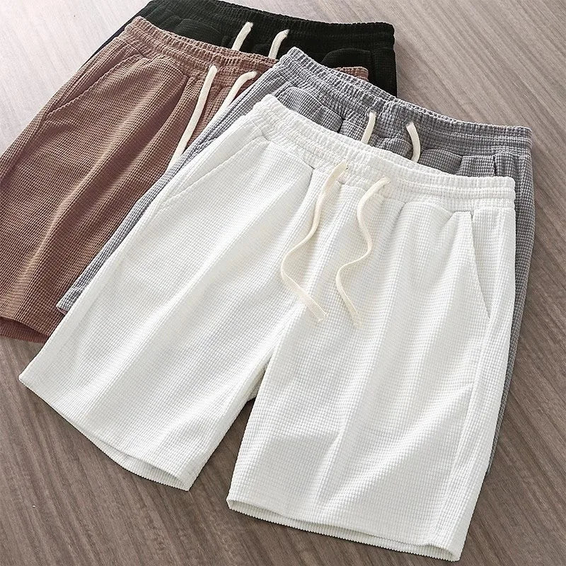 Men Shorts Solid Color Mid Waist Summer Motion Waffle Texture Deep Crotch Drawstring Male Shorts Loose Knee Length Casual Short