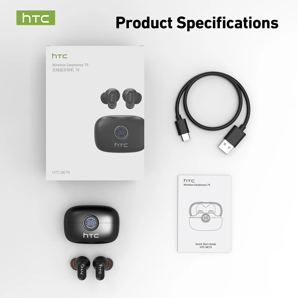 HTC NE79 Wireless Earbuds - Bluetooth 6.0 with LED Display