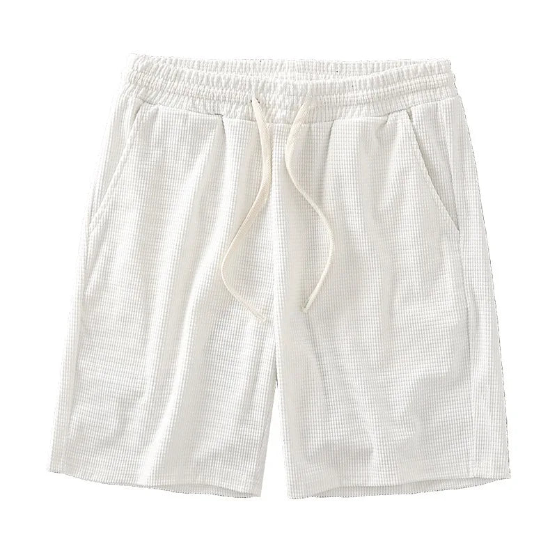 Men Shorts Solid Color Mid Waist Summer Motion Waffle Texture Deep Crotch Drawstring Male Shorts Loose Knee Length Casual Short