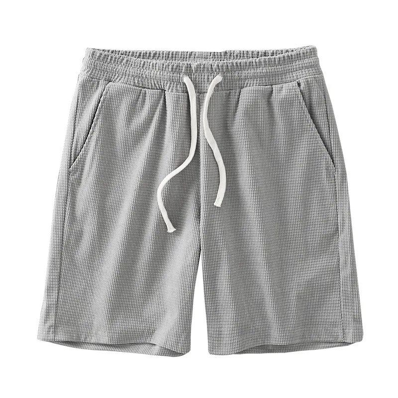 Men Shorts Solid Color Mid Waist Summer Motion Waffle Texture Deep Crotch Drawstring Male Shorts Loose Knee Length Casual Short