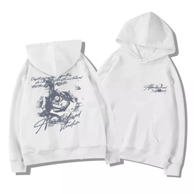 Letter Rose Print Hoodie Men Women Outdoor Street Sports Casual Fashion Trend Long-sleeve Sweatshirt Autumn Winter Top Clothes
