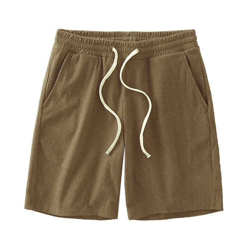 Men Shorts Solid Color Mid Waist Summer Motion Waffle Texture Deep Crotch Drawstring Male Shorts Loose Knee Length Casual Short