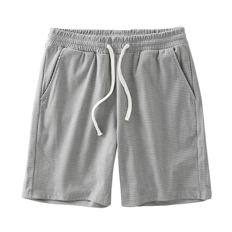 Men Shorts Solid Color Mid Waist Summer Motion Waffle Texture Deep Crotch Drawstring Male Shorts Loose Knee Length Casual Short