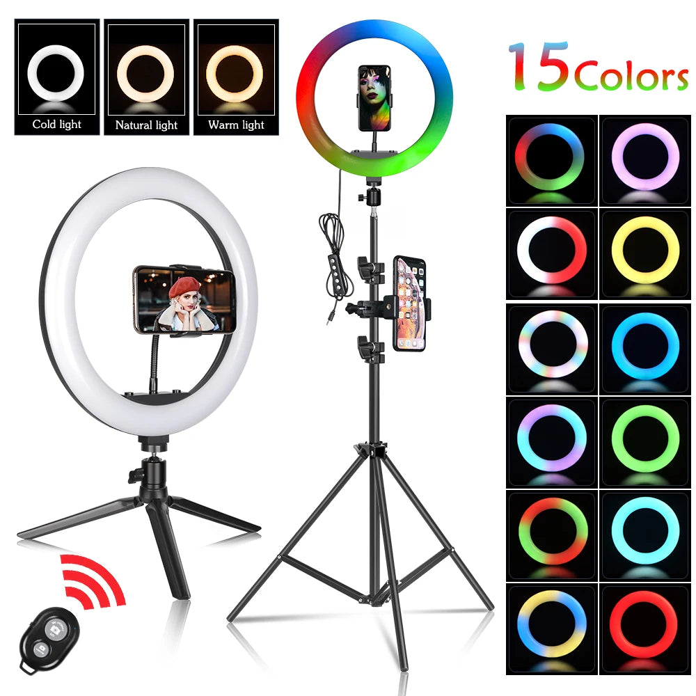 RGB LED Ring Light with Tripod & Phone Holder - 15 Colors