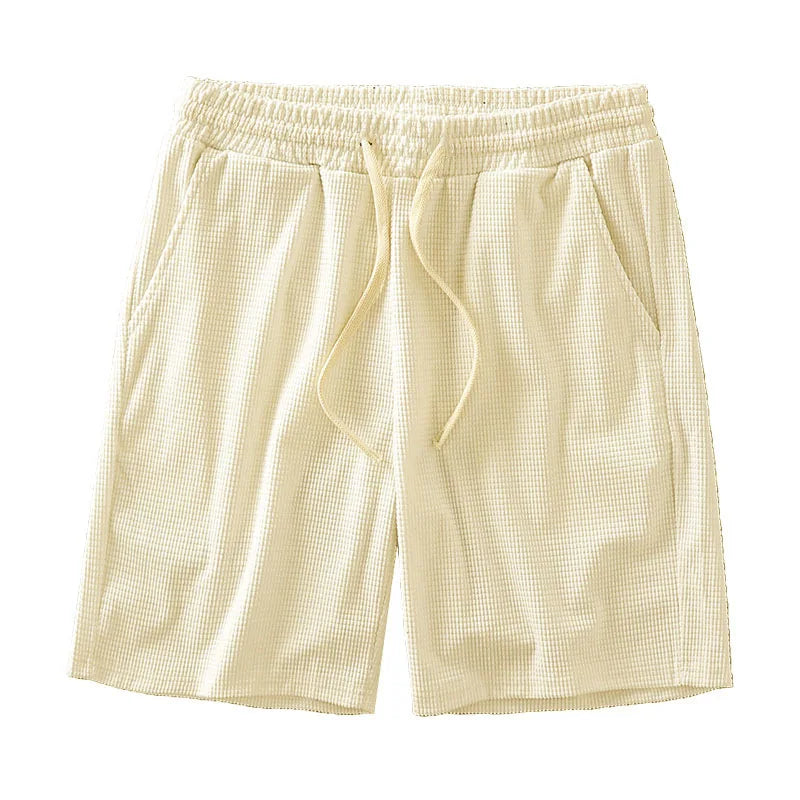 Men Shorts Solid Color Mid Waist Summer Motion Waffle Texture Deep Crotch Drawstring Male Shorts Loose Knee Length Casual Short