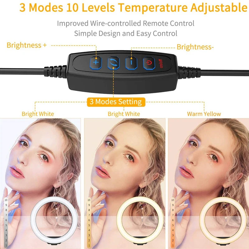 USB LED Ring Light with Tripod Stand & Phone Holder (6", 10", 13")