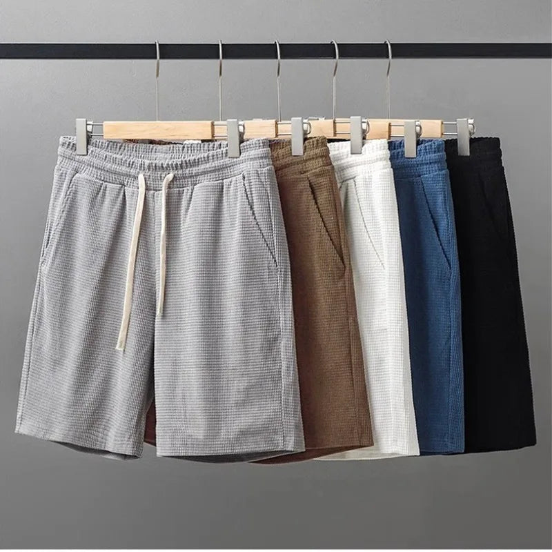 Men Shorts Solid Color Mid Waist Summer Motion Waffle Texture Deep Crotch Drawstring Male Shorts Loose Knee Length Casual Short