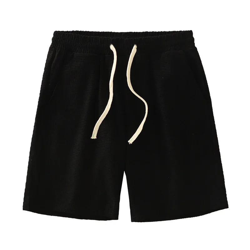 Men Shorts Solid Color Mid Waist Summer Motion Waffle Texture Deep Crotch Drawstring Male Shorts Loose Knee Length Casual Short