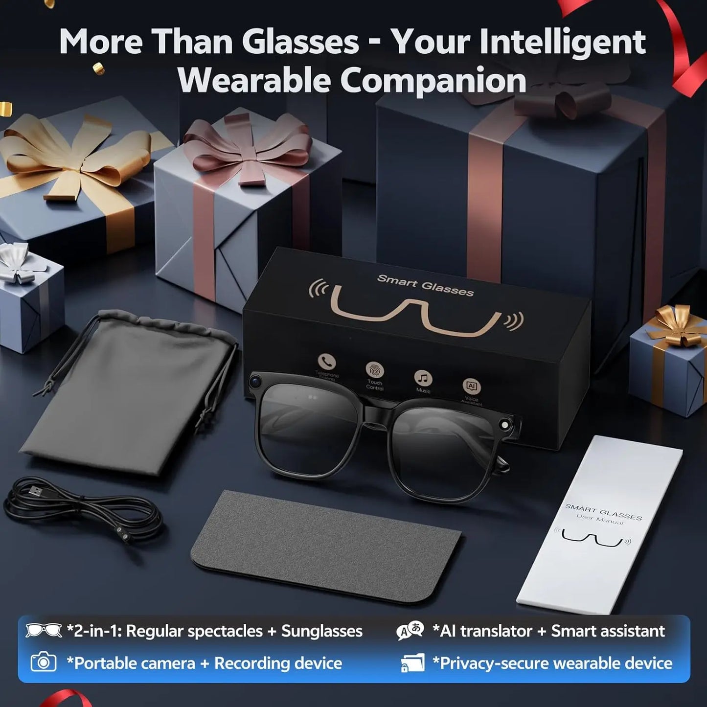 Smart Glasses with Camera 8MP HD Photo and Video Recording AI Glasses with Real-Time Translation AI Voice Q&A Calls and Music
