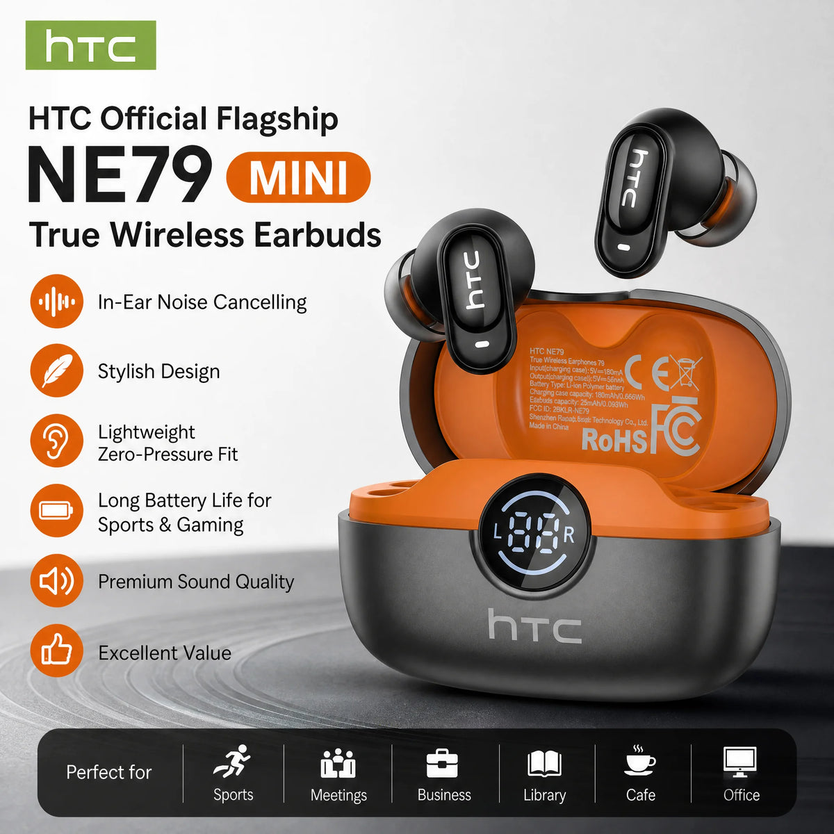 HTC NE79 Wireless Earbuds - Bluetooth 6.0 with LED Display